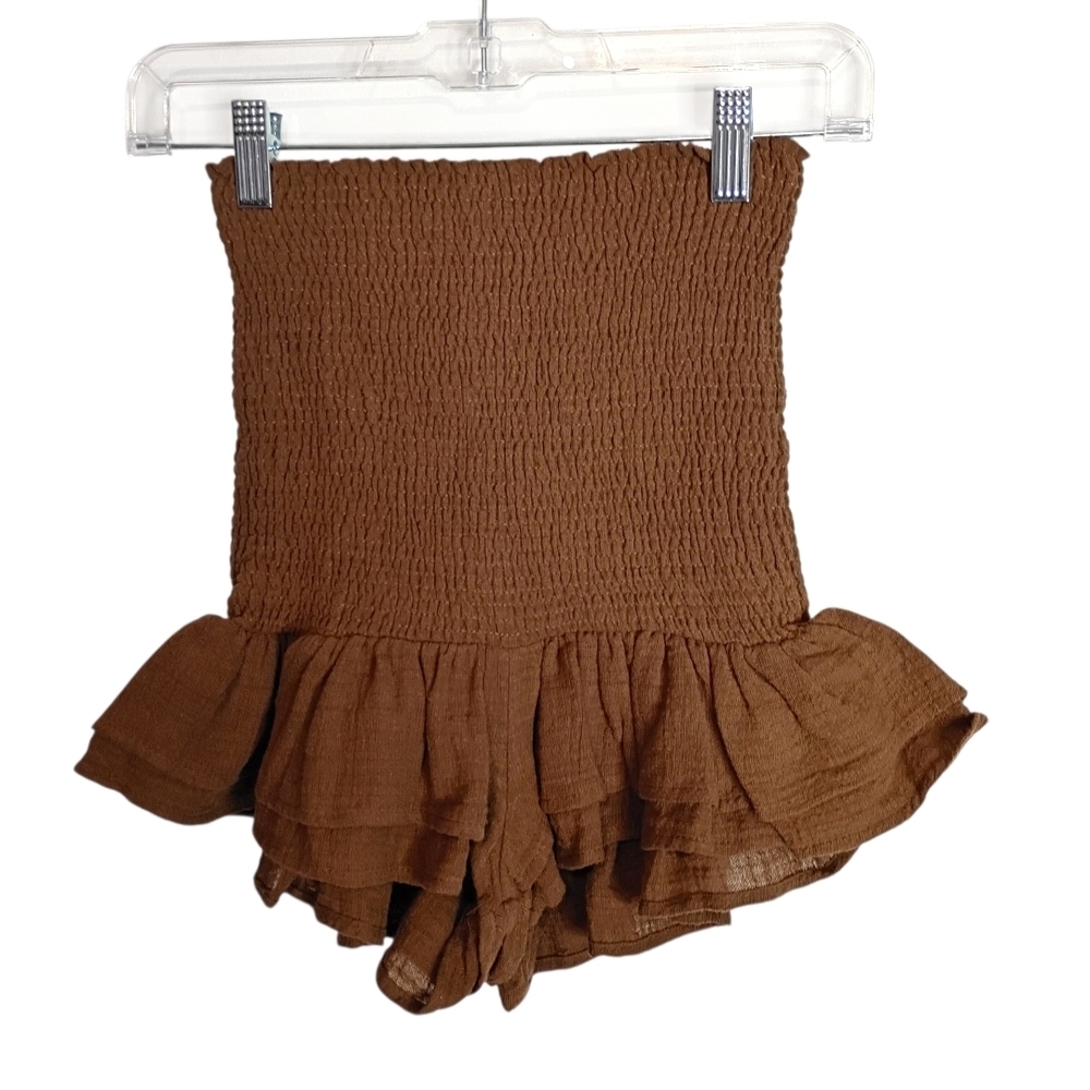 Olivaceous -Brown Ruffled Smocked Strapless Romper - Size M